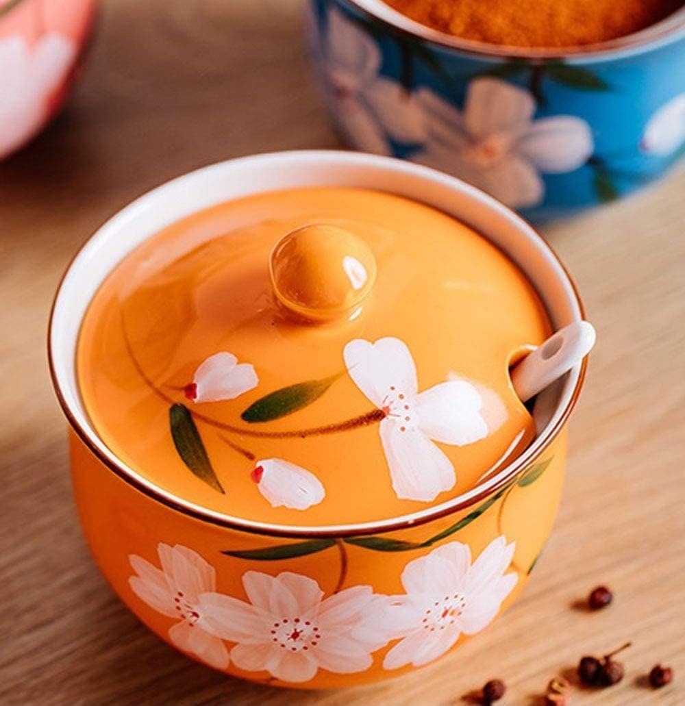 Pot À Épices En Céramique Jeiibrzui - 300 Ml - 1 Pièce Avec Couvercle Et Cuillère - Motif Floral Rose Pour La Cuisine Et La Table À Manger