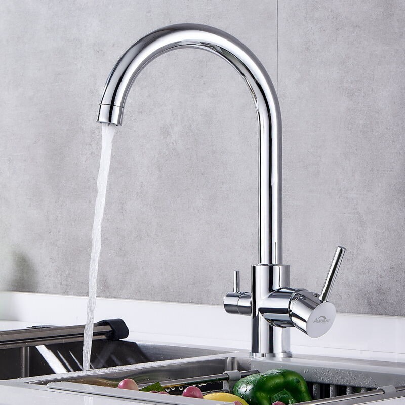Auralum Robinet Cuisine 3 Voies Chromé Pivotant À 360°, Mitigeur D'Evier Filtre À Eau En Laiton, Robinet De Cuisine Avec Sortie Eau Filtrée Pour Eau