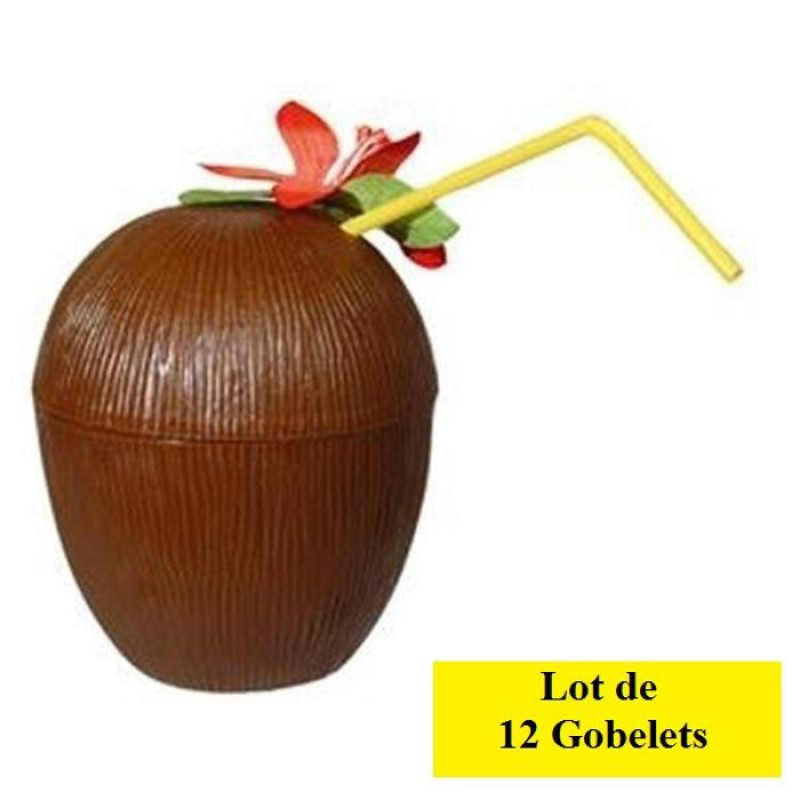 Set Mit 12 Kokosnussförmigen Plastikbechern Mit Strohhalmen Zur Tischdekoration Bei Hawaii-partys.