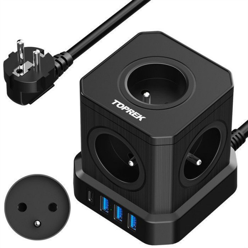 Würfelförmige Usb-steckdosenleiste, 2 M Verlängerungskabel Mit 5 Französischen Steckdosen, 1 Usb-c-anschluss (20 W Pd3.0) Und 3 Usb-a-anschlüssen, 1