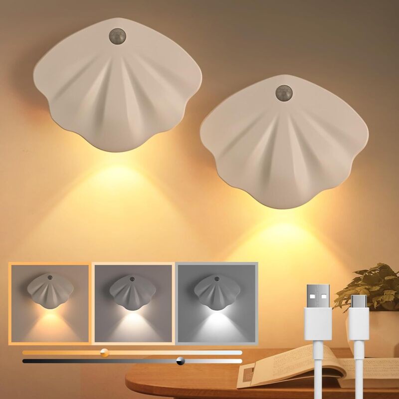 Veilleuse Led Rechargeable, Paquet De 2 Veilleuses Avec Capteur De Mouvement, Bande Magnétique Adhésive, Veilleuse En Coquillage Pour Enfants Pour