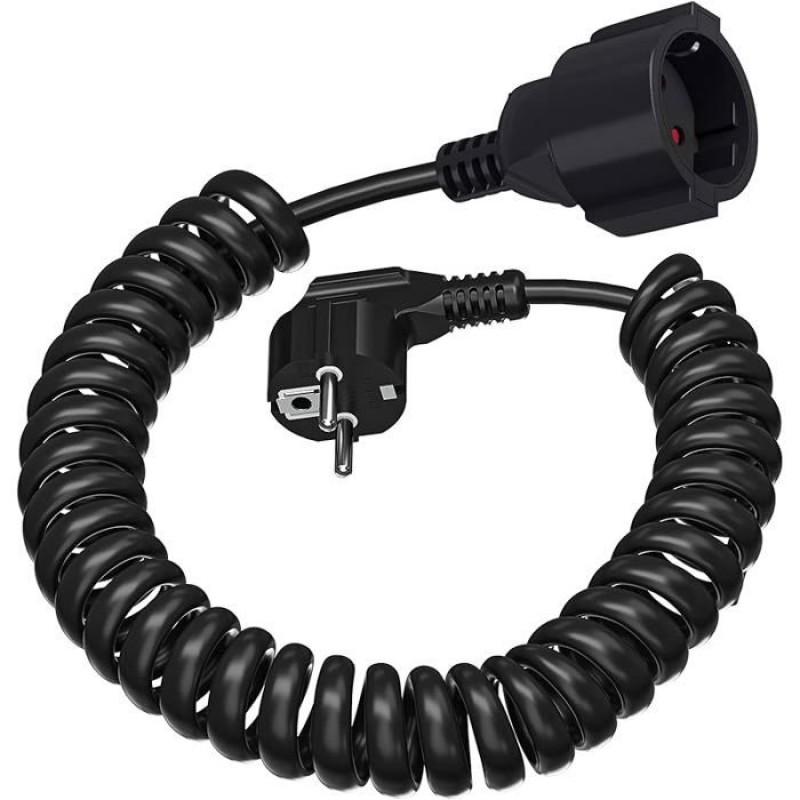 Schuko-verlängerungskabel, Spiralkabel Mit Schutzkontakt, Ausziehbar Von 0,6 M Bis Max. 2 M, Schwarzes Stromkabel – 2 M