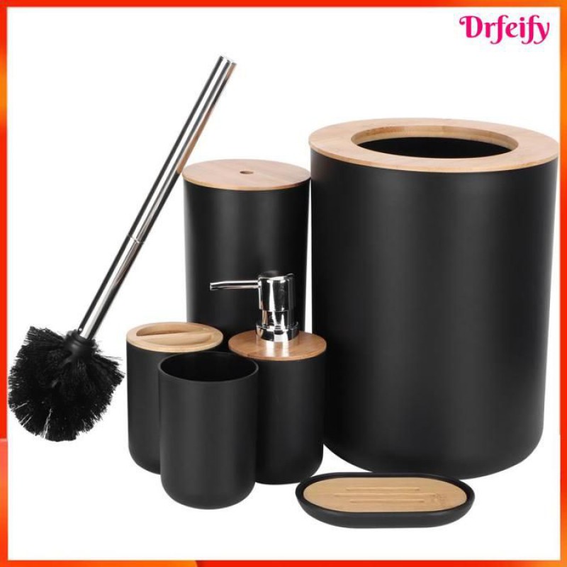 Badezimmer-accessoires – 6-teiliges Set – Bambus & Kunststoff – Schwarz – Abfalleimer, Bürste, Spender