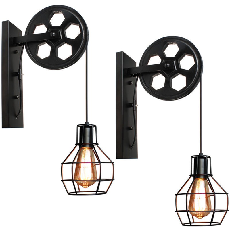 2x Applique Murale Industrielle Poulie Vintage Lampe De Mur Luminaire Intérieur Pour Chambre Salon Restaurant,noir