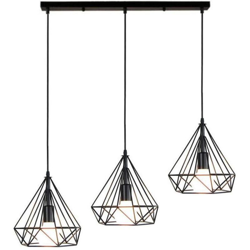 Lustre Suspension Industrielle De 3 Lampes, Plafonnier En Métal Fer Abat-jour Forme Diamant Luminaire Pour Salon Salle À Manger Bar, E27 Noir