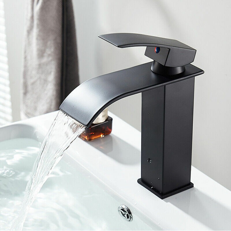 – Robinet Lavabo Cascade Noir 190mm – Bec Ultra-mince – Économie D'Eau Jusqu'à 30% – Laiton H59 – Installation Facile Avec Flexibles Inclus
