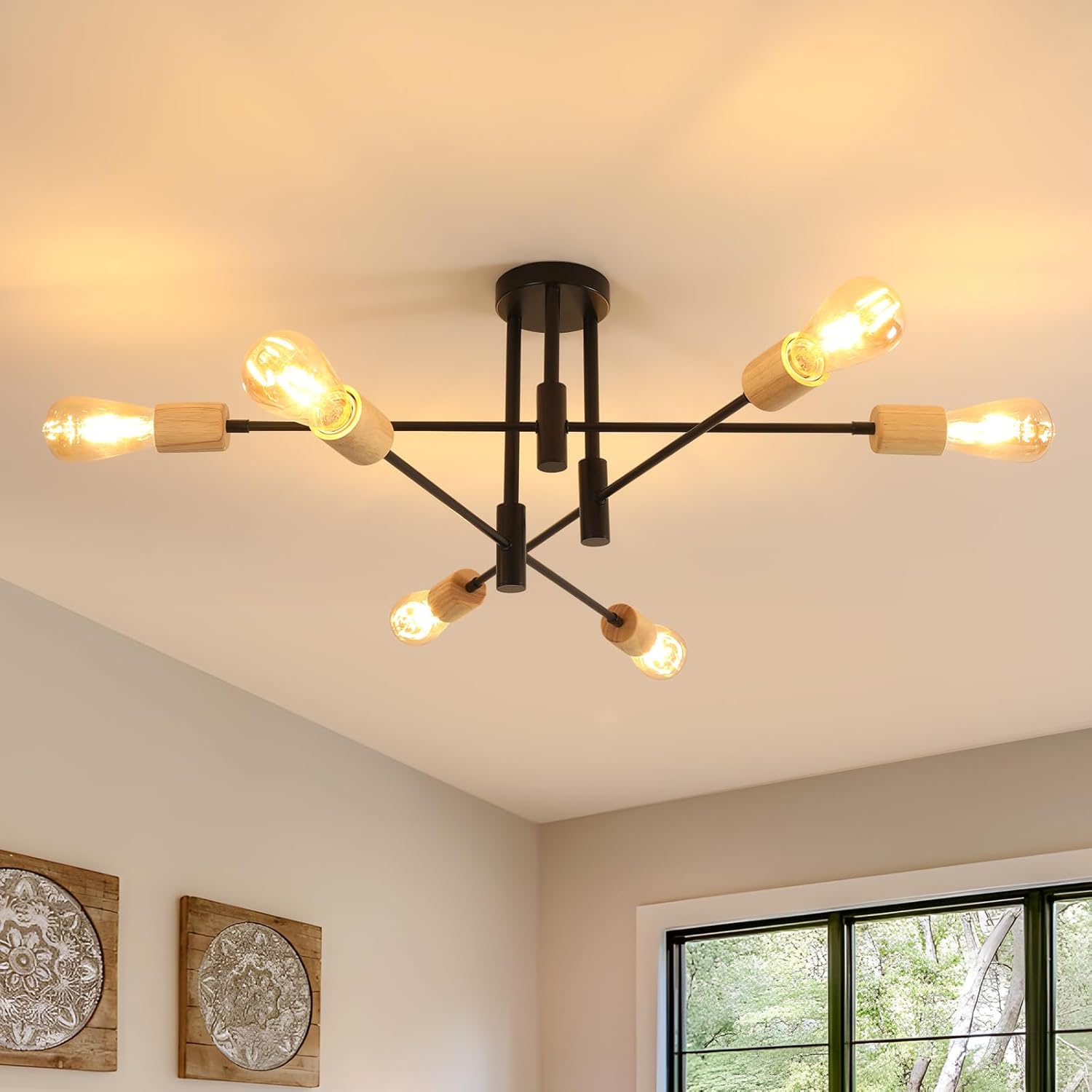 Industrielle 6-flammige Deckenleuchte – Metall Und Holz – 180° Verstellbare Arme – Wohnzimmer, Küche, Schlafzimmer – Schwarz, 72 Cm