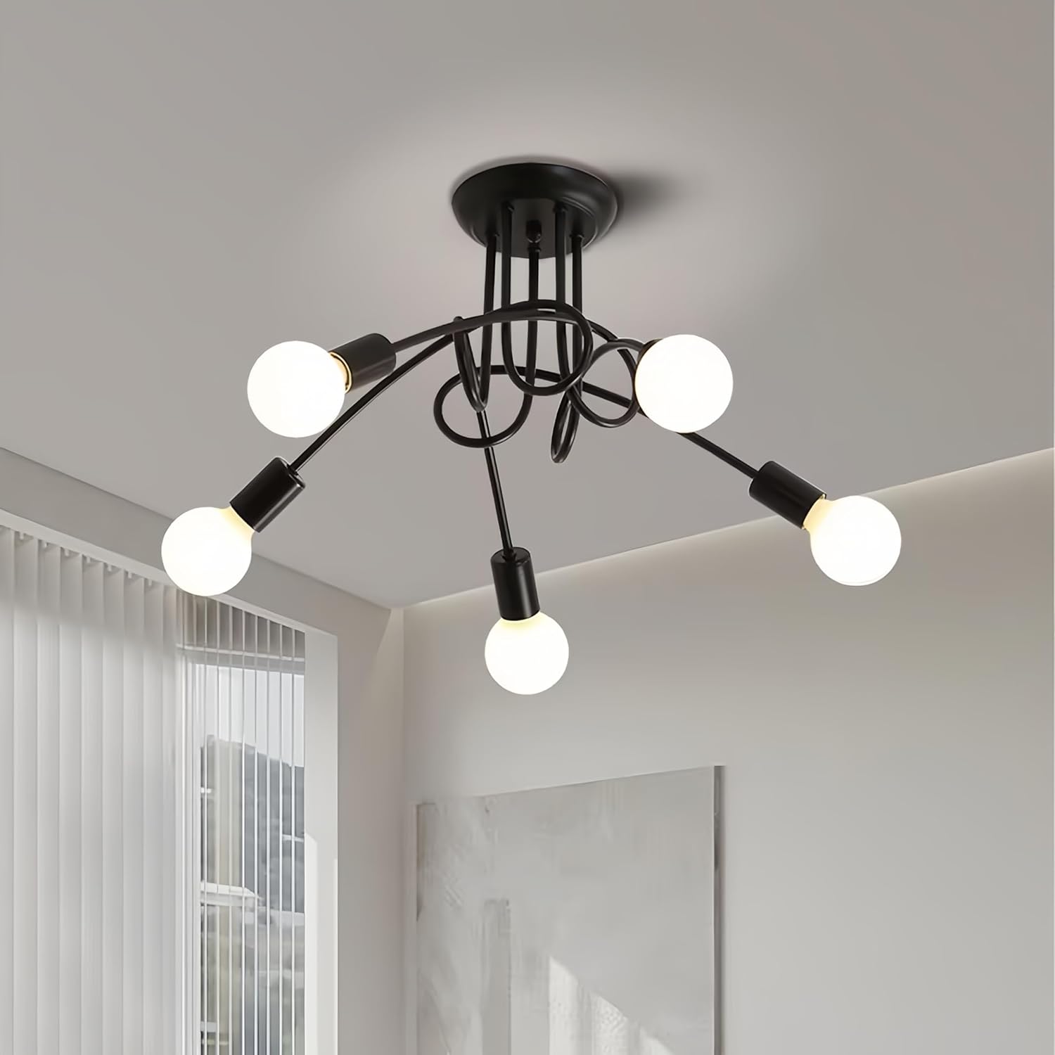 Industrielle 5-flammige Deckenleuchte – Schwarzes Eisen – Modernes Sputnik-design – Leistungsstarke Innenbeleuchtung – Wohnzimmer, Schlafzimmer,