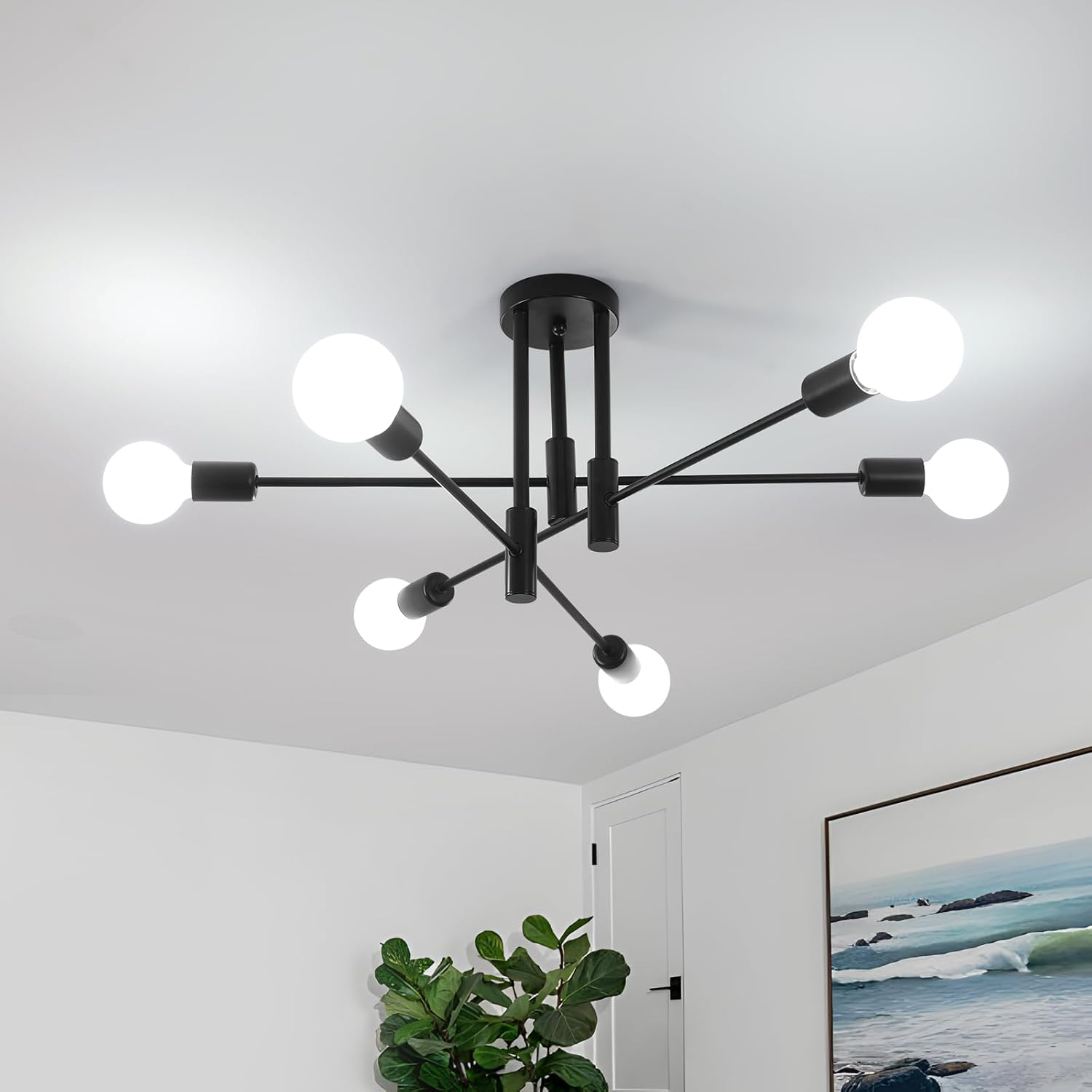 Industrielle Deckenleuchte – 6 Leuchten – Mattschwarzes Metall – 180° Verstellbare Arme – Wohnzimmer, Schlafzimmer, Küche – 70 Cm Durchmesser