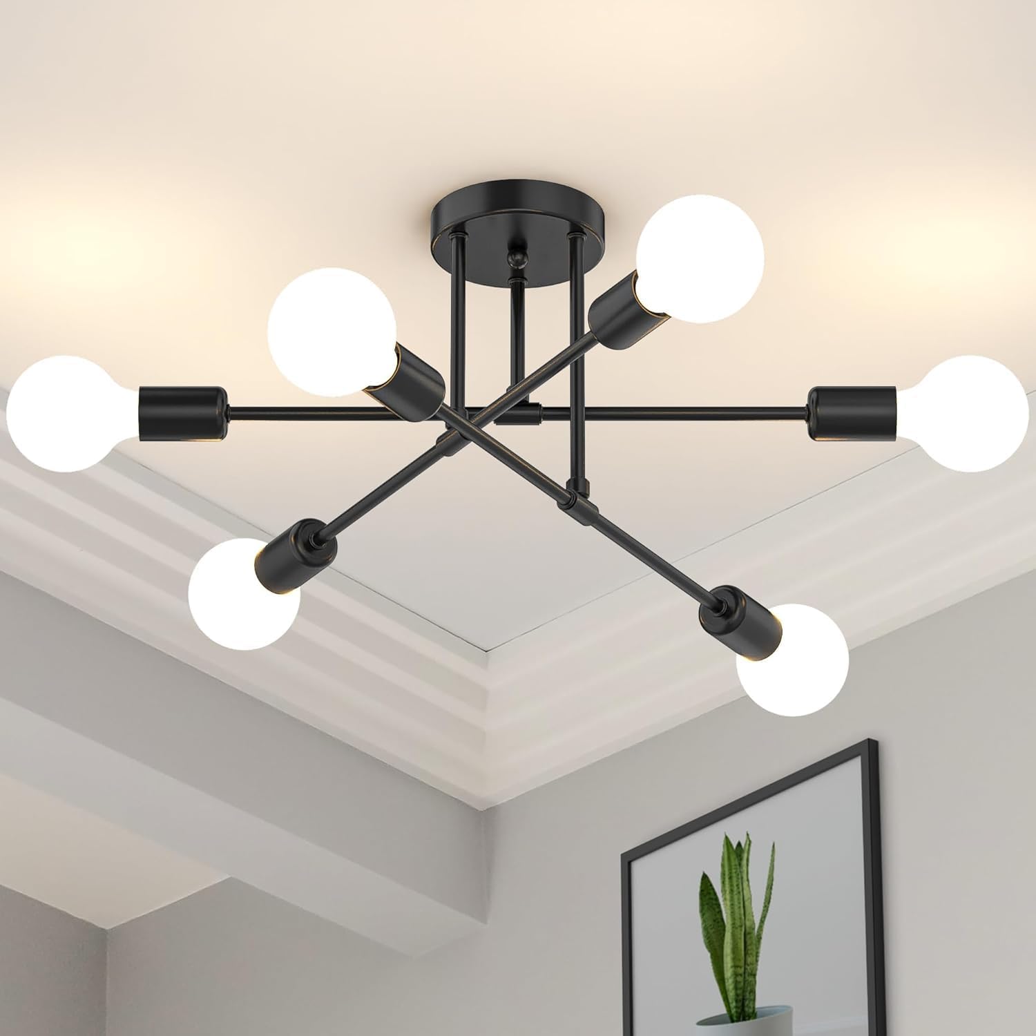 Industrieller Kronleuchter Mit 6 Leuchten – Mattschwarz – Robustes Metall – Retro-sputnik-design – Wohnzimmer, Schlafzimmer, Küche – Ø 51 Cm