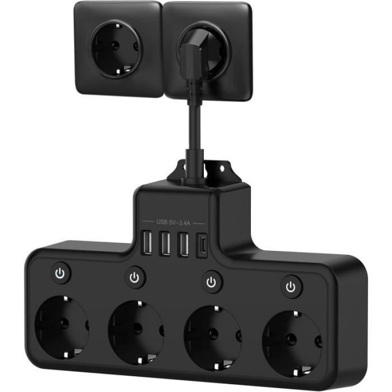 Steckdosenleiste – 4 Steckdosen, 4000 W/16 A – 4 Schalter – 3 Usb-a & 1 Usb-c – Schwarz