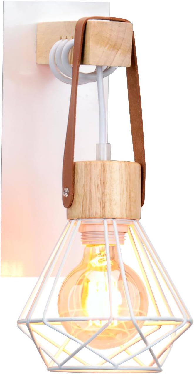Industrielle Wandleuchte – 1 Stück – Retro-stil, Eisen Und Holz – Verstellbare Lederaufhängung – Wohnzimmer, Schlafzimmer, Küche – Weiß, 25 X 10 Cm