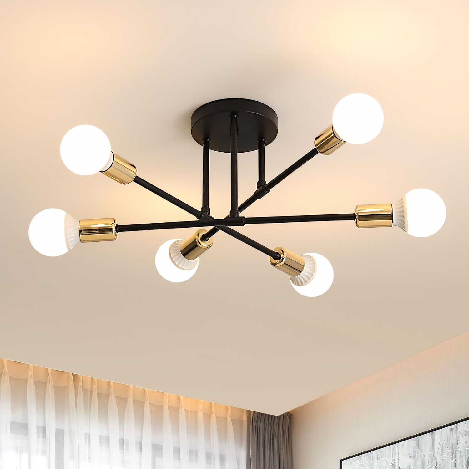 6-flammiger Deckenleuchter – Schwarz-goldenes Metall – Verstellbarer Industriestil – Für Wohnzimmer, Schlafzimmer, Küche – Durchmesser 52 Cm