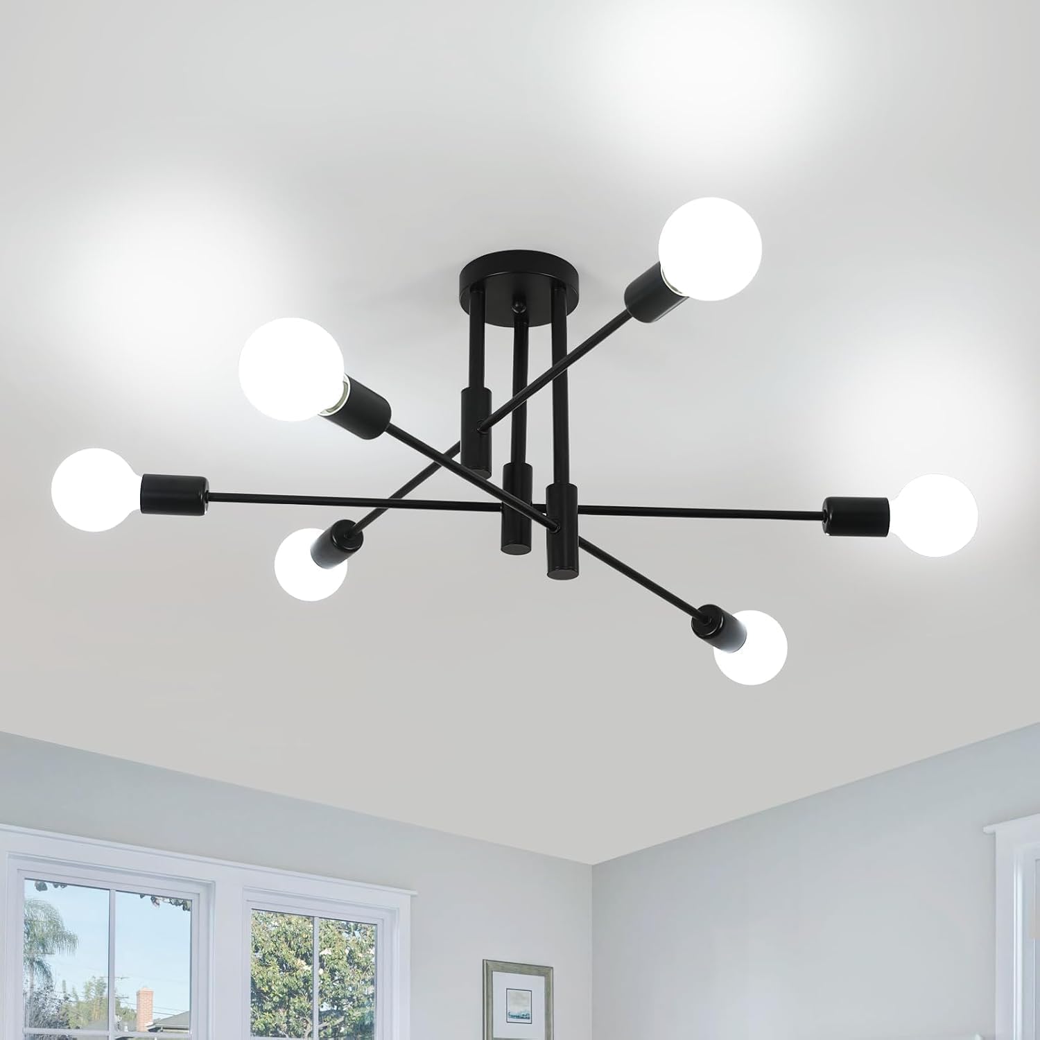Industrielle Deckenleuchte – 6 Leuchten – Mattschwarzes Metall – 180° Verstellbare Arme – Wohnzimmer, Schlafzimmer, Küche – 72 X 72 X 32 Cm