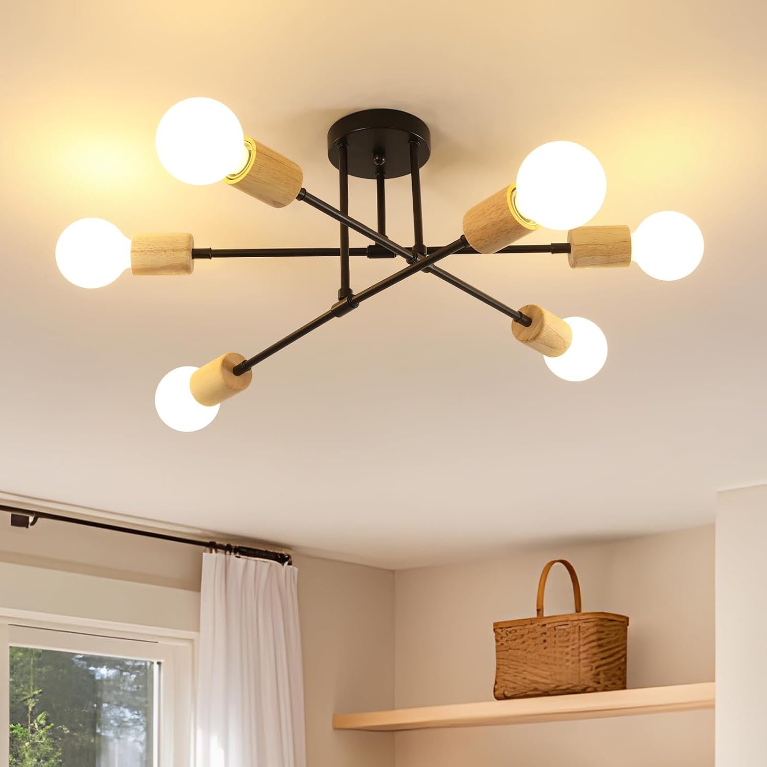 Vintage-deckenleuchte Mit 6 Leuchten – Metall Und Schwarzes Holz – Verstellbarer Industriestil – Für Wohnzimmer, Schlafzimmer, Esszimmer – 52 X 52 X