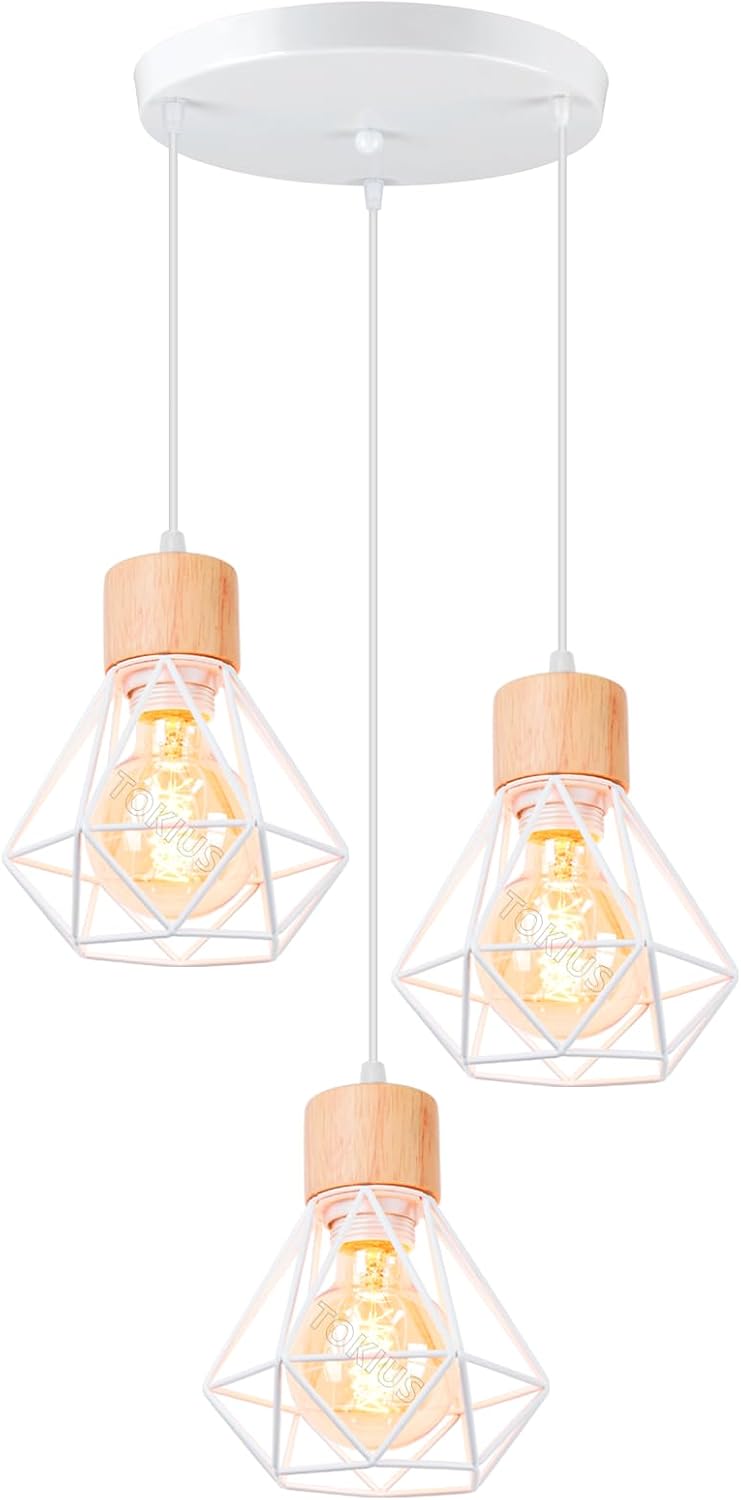 Industrielle Pendelleuchte – 3er-set – Metall Und Holz – Retro-diamantkäfig-design – Wohnzimmer, Küche, Schlafzimmer – Ø 16 Cm, Schwarz
