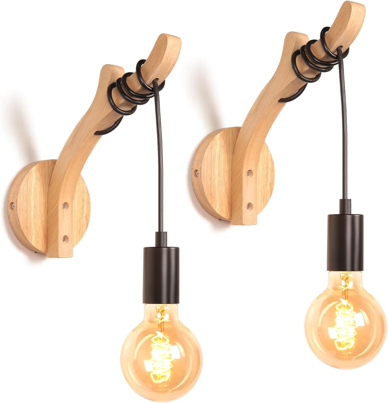 Set Mit 2 Wandleuchten – 2 Stück – Holz Und Schwarzes Metall – Verstellbares Industriedesign – Wohnzimmer, Schlafzimmer, Flur – 23 X 12 X 23 Cm
