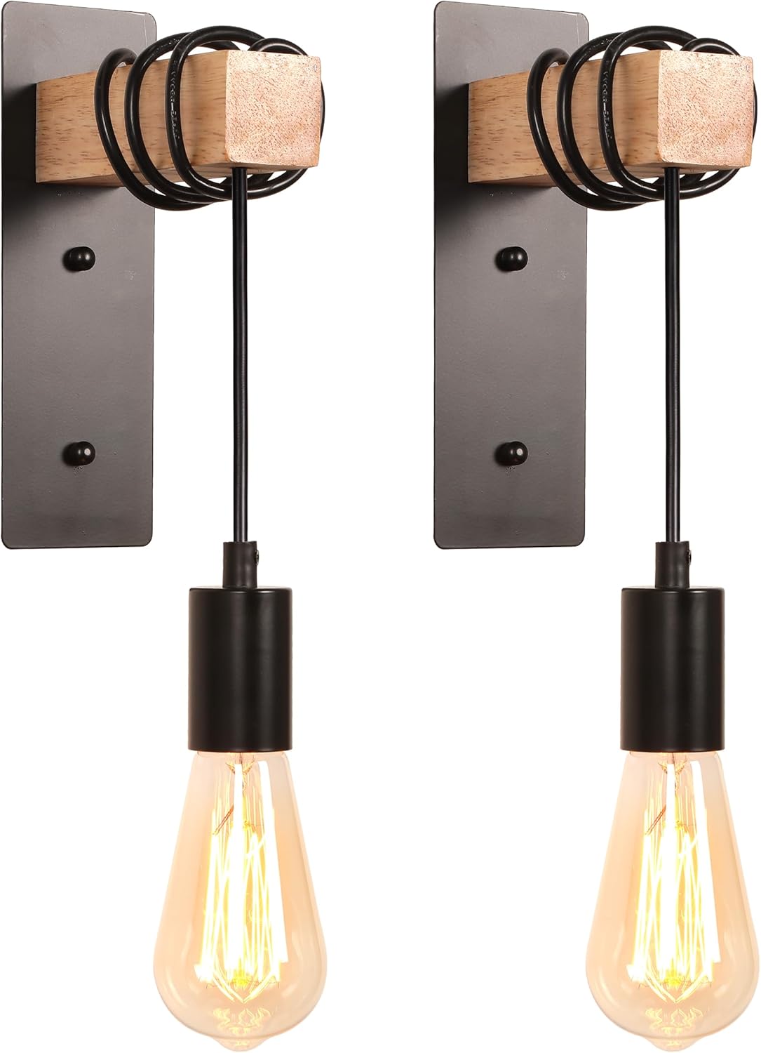 Set Mit 2 Wandleuchten – Holz Und Schwarzes Metall – Verstellbares Industriedesign – Innenbeleuchtung Für Wohn- Und Schlafzimmer – 19 X 10 X 22 Cm