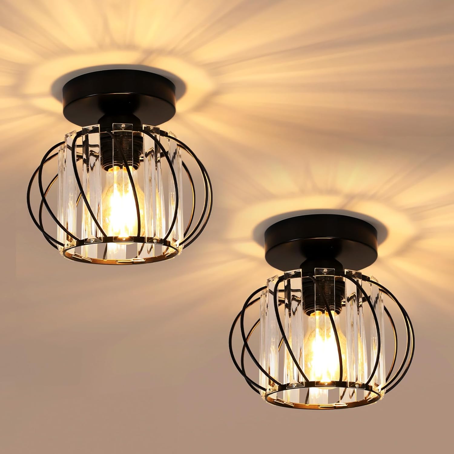 2 Schwarze Kristall-deckenleuchten – E27 Modernes Lichtbrechungsdesign – Für Wohnzimmer, Schlafzimmer, Flur – Kompaktes, Elegantes Design