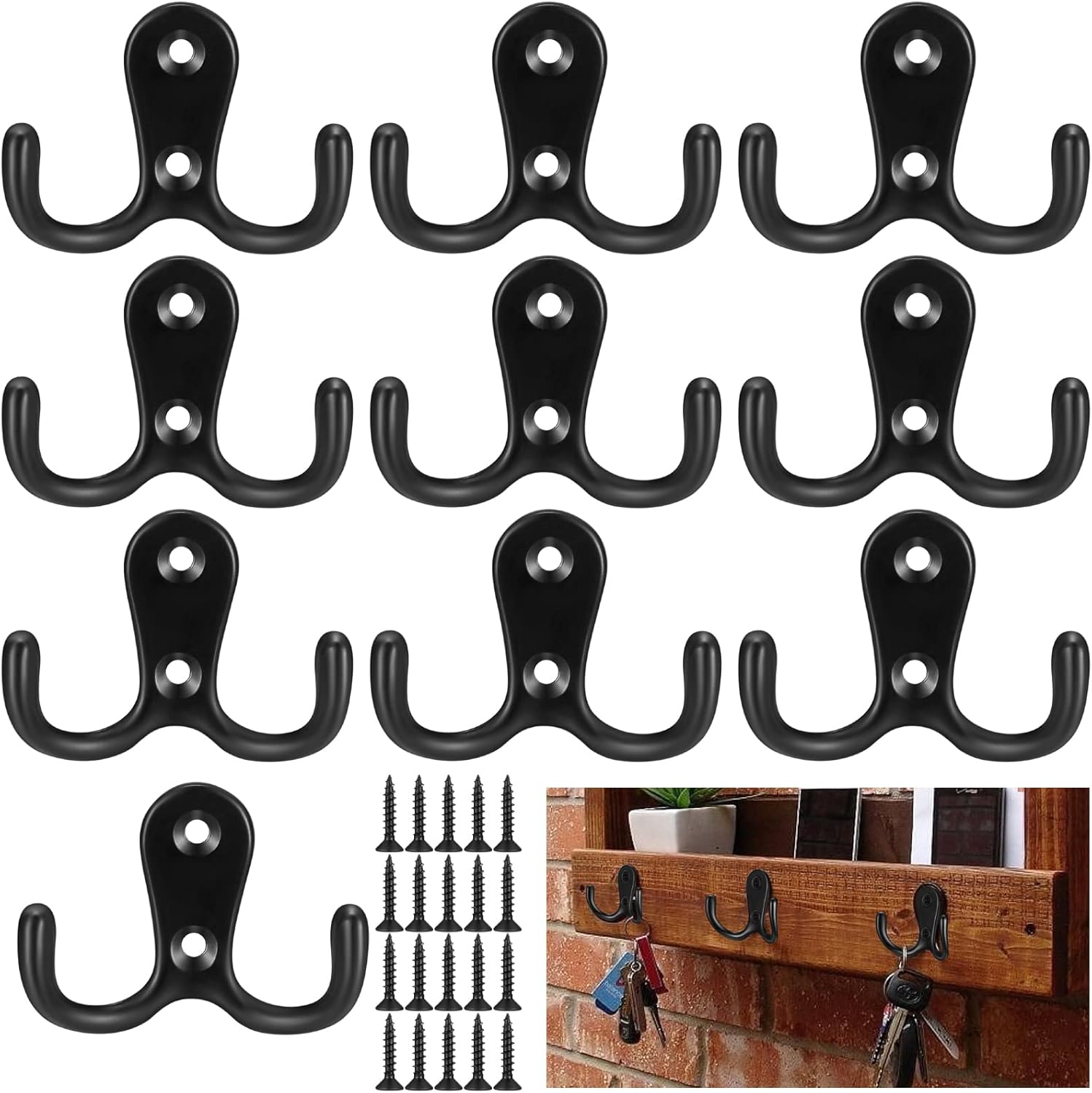 10 Doppelwandhaken – Schwarze Zinklegierung – Robuste, Rostbeständige Haken – Für Bad Und Flur – Inklusive Schrauben