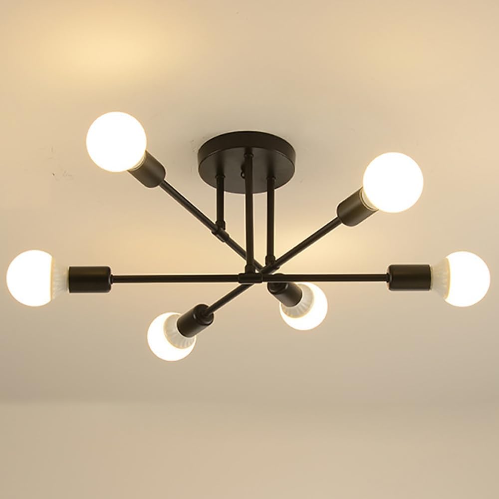 Industrieller Schwarzer Kronleuchter Mit 6 Leuchten – Robustes Metall – Verstellbare Arme – Retro-stil – Für Wohnzimmer Und Küche – Maße: 70 X 20 Cm