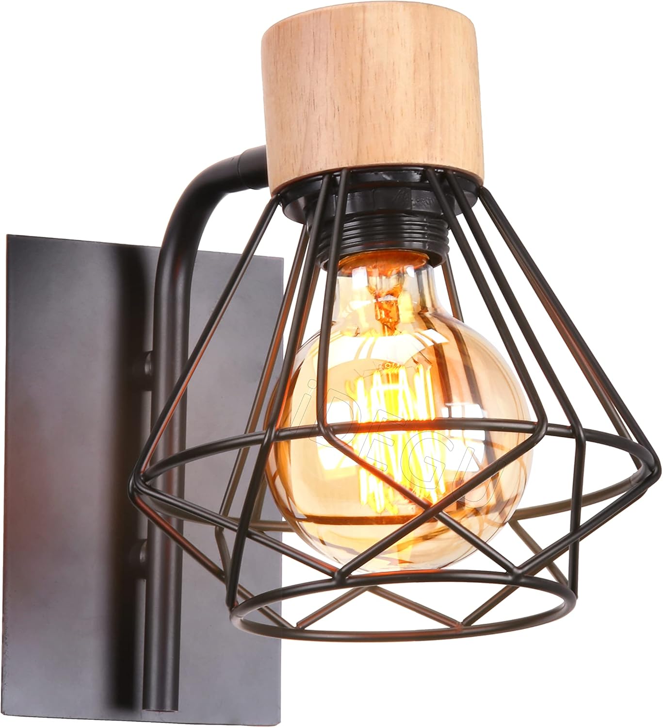Industrielle Wandleuchte – 1 Stück – Holz Und Schwarzes Eisen – 180° Verstellbar – Wohnzimmer, Schlafzimmer, Flur – 16 Cm Durchmesser