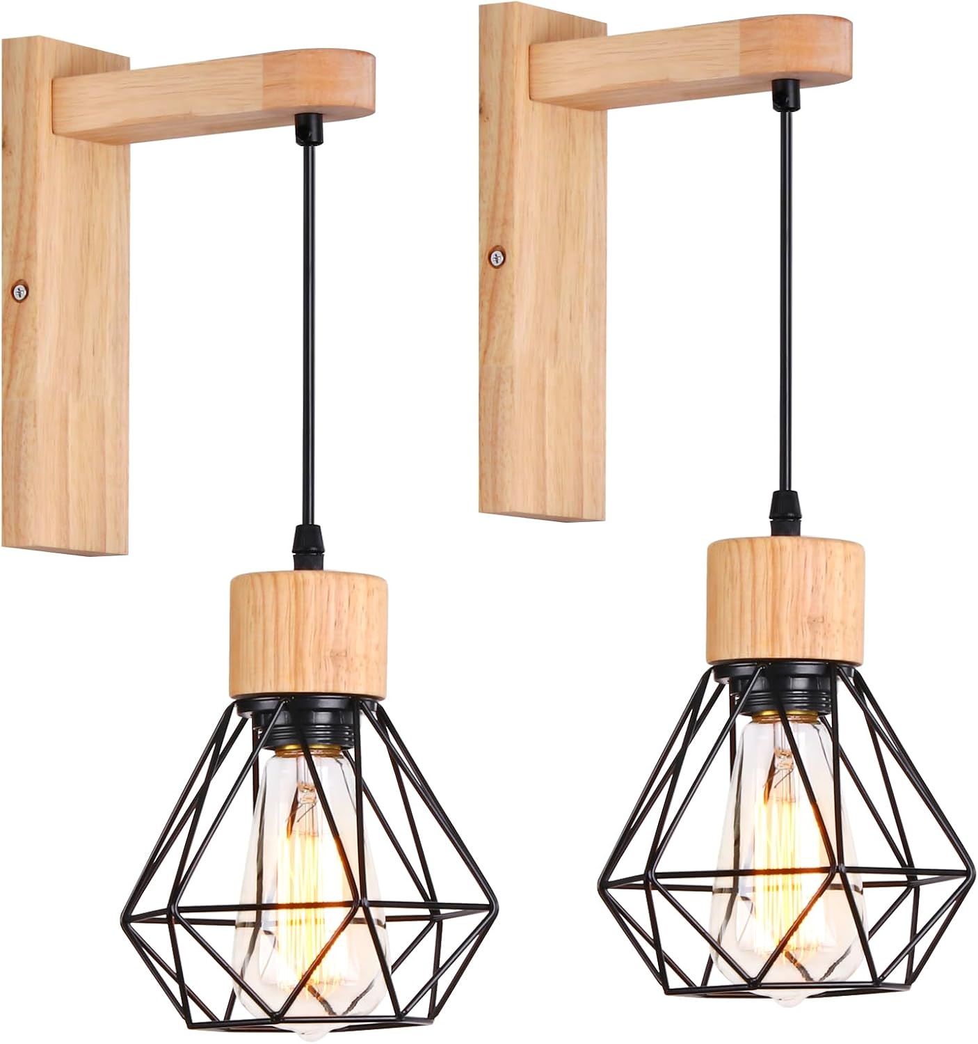 Set Mit 2 Wandleuchten Aus Holz Und Metall – Vintage-industriedesign – Innenbeleuchtung Für Wohn- Und Schlafzimmer – Schwarz – 22 Cm Sockel