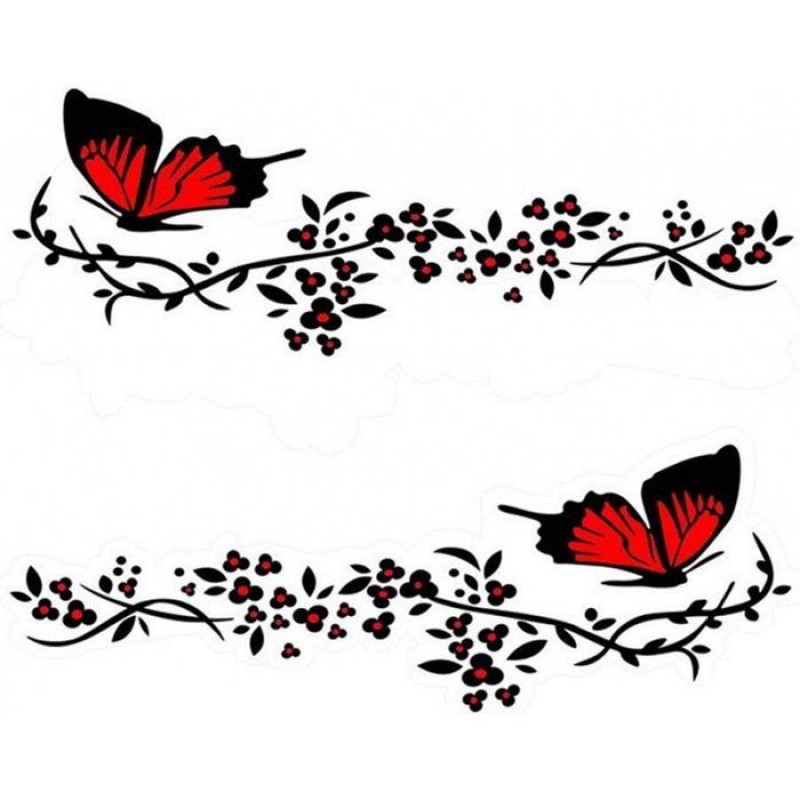 Set Mit 2 Autoaufklebern – Schmetterlinge Und Blumen – Pet – Schwarz Und Rot – 30 X 11 Cm – Nicht Reflektierend