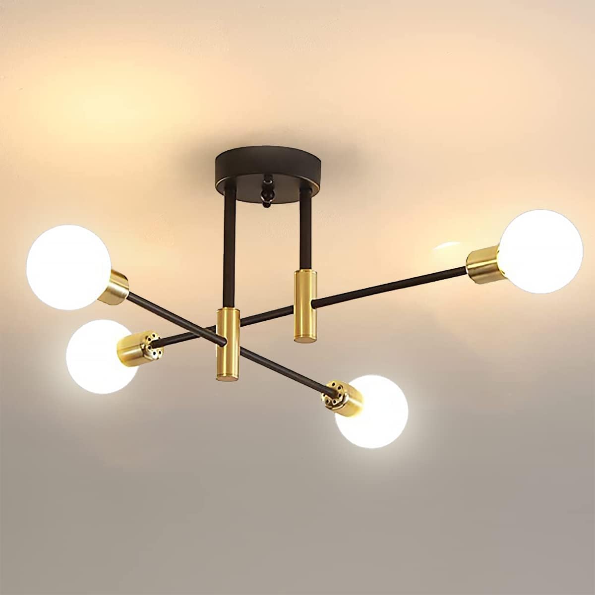 Industrieller 4-armiger Kronleuchter – Durchmesser 72 Cm – Schwarzes Und Goldenes Metall – 180° Verstellbarer Winkel – Wohnzimmer, Küche, Büro –