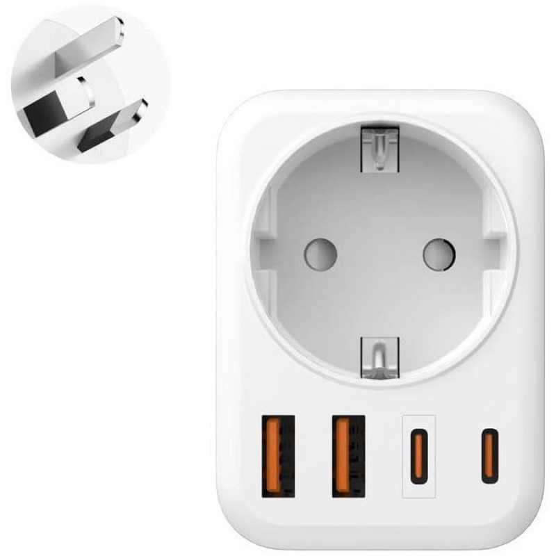 Australien-reiseadapter – 5 In 1 – 1x Netzanschluss – 2x Usb-c – 2x Usb-a – 3,4 A – Typ I – 7 X 7 X 5 Cm – Weiß