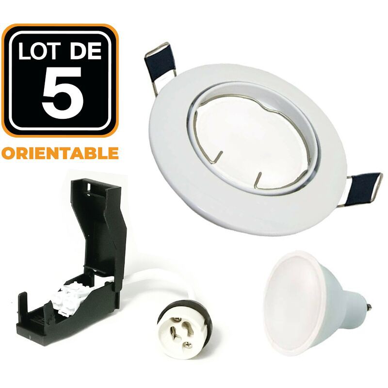 – Lot De 5 Spots Encastrables Orientables Blancs – Gu10 Led 7w Équivalent 56w – Blanc Chaud 2700k – Installation Facile Avec Connecteur Automatique