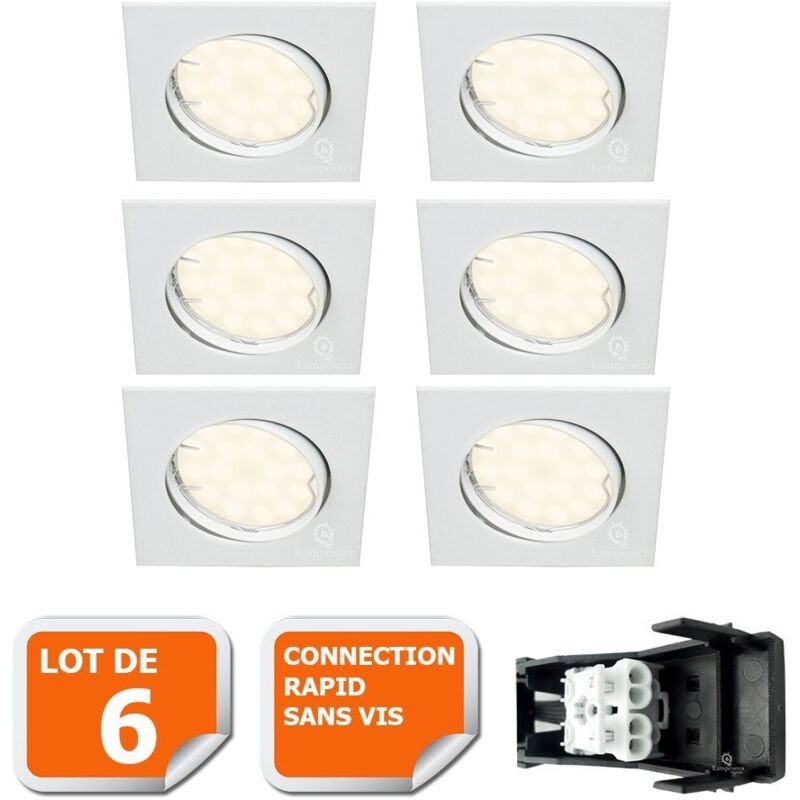 Lot De 6 Spot Encastrable Orientable Carré Led Smd Gu10 230v Blanc Rendu Environ 50w Halogène