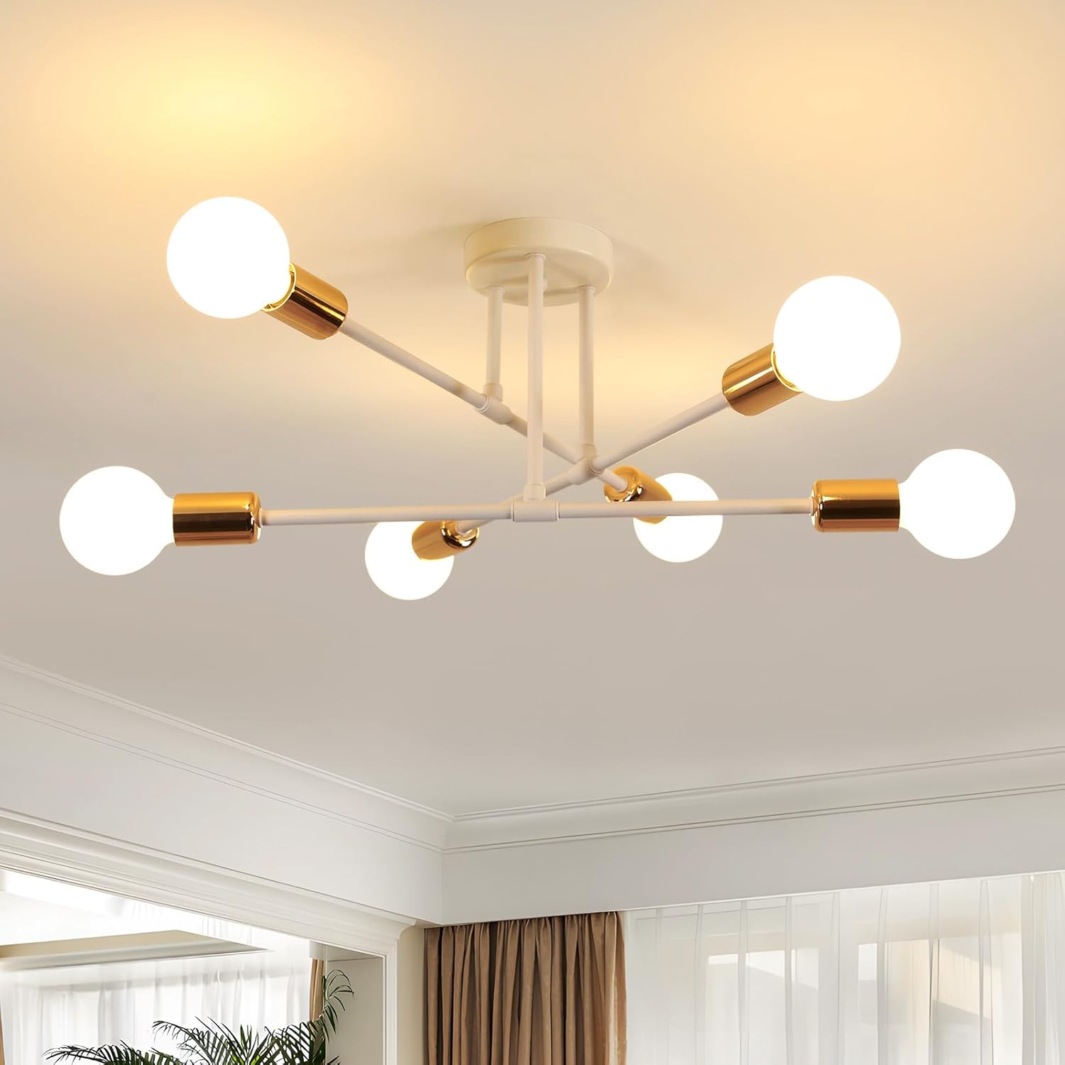 Sputnik 6-flammiger Kronleuchter – Weiß Und Gold – Industrielle, Verstellbare Beleuchtung – Wohnzimmer, Schlafzimmer, Küche – 60 Cm Durchmesser