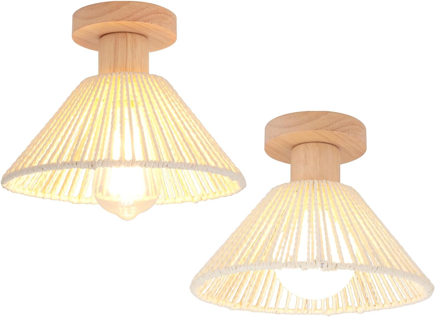 Set Mit 2 Retro-deckenleuchten Aus Rattan Und Holz – Bohème-design – Dekorative Innenbeleuchtung – Für Wohnzimmer, Schlafzimmer, Flur – Durchmesser