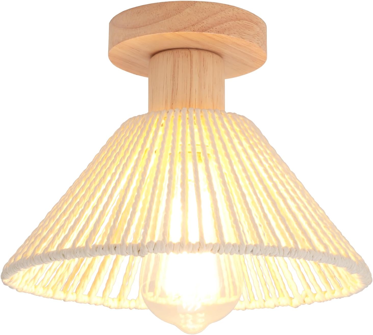 Retro-deckenleuchte – 1 Stück – Rattan Und Holz – Boho-schirmdesign – Wohnzimmer, Schlafzimmer, Flur – Durchmesser 22 Cm, Weiß