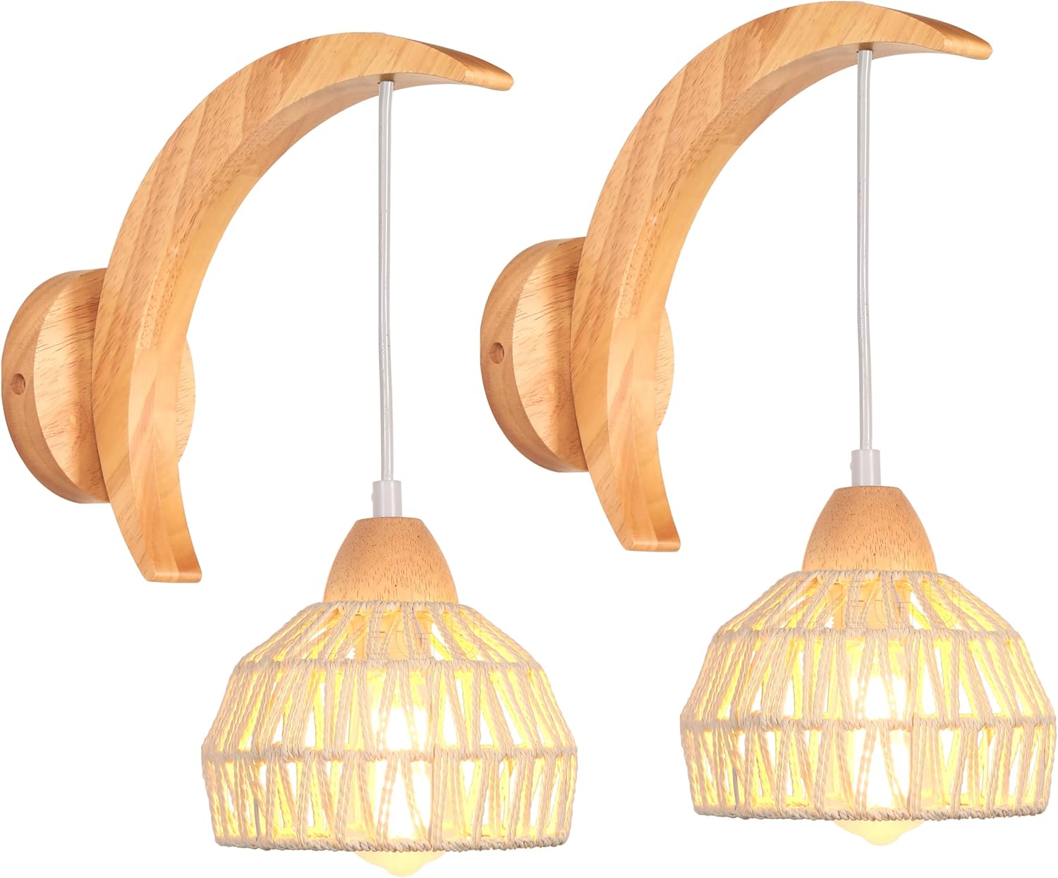 Set Mit 2 Wandleuchten Aus Holz Und Rattan – Vintage-halbmond-design – Verstellbare E27-fassung – Für Wohnzimmer, Schlafzimmer, Flur, Café – Weiß Und