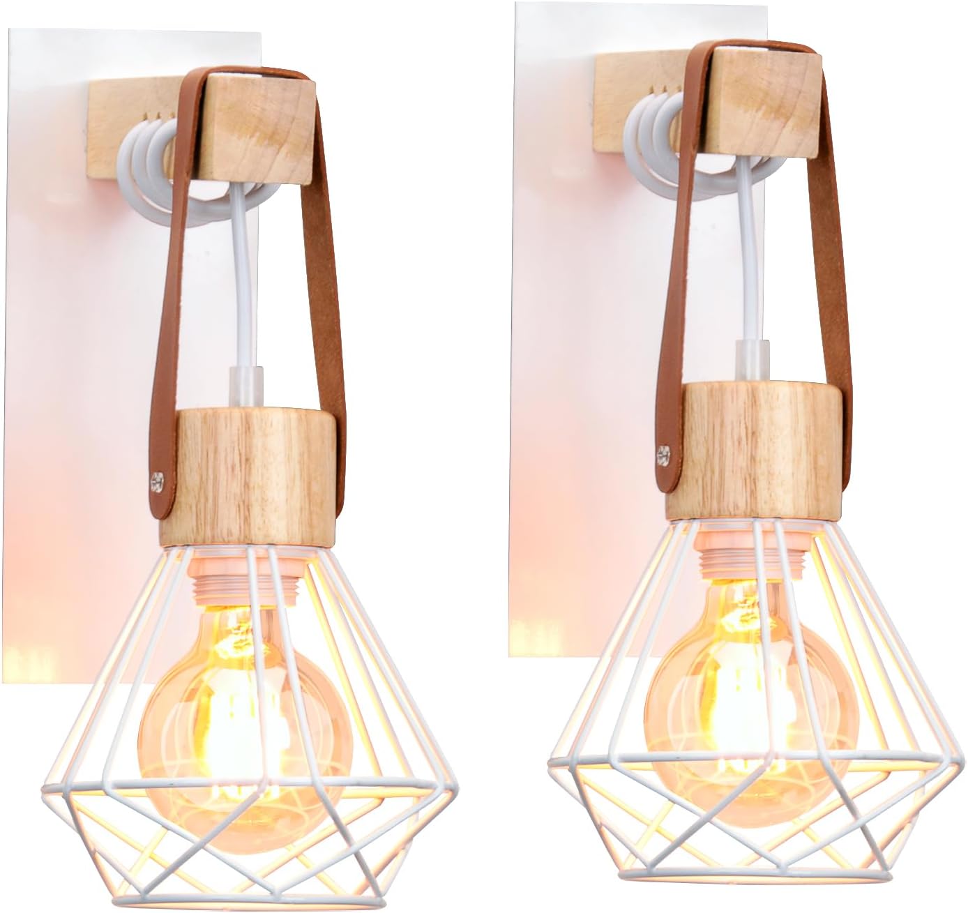 Set Mit 2 Industriellen Wandleuchten – 2 Stück – Retro-stil Aus Eisen Und Holz – Verstellbare Lederaufhängung – Wohnzimmer, Schlafzimmer, Küche –