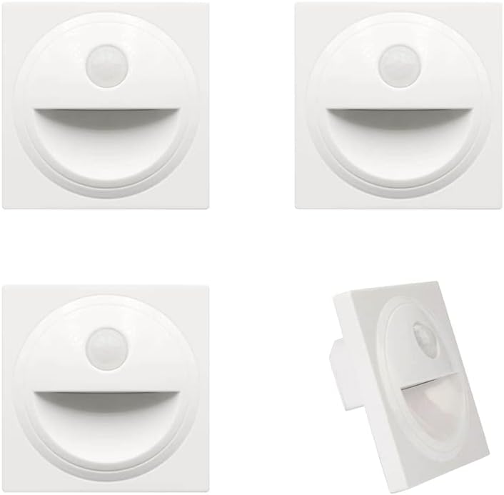 Einbau-led-wandstrahler – 4er-pack – Weißer Kunststoff – Bewegungsmelder – Treppenhausbeleuchtung Im Innenbereich – 86 X 86 Mm, 3000 K