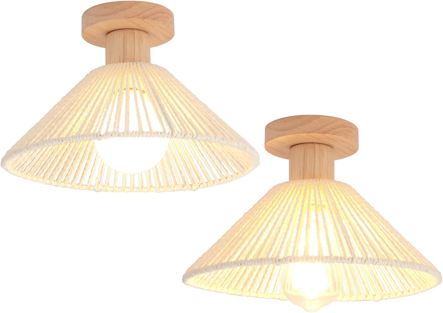 Set Mit 2 Retro-pendelleuchten Im Bohème-stil Aus Rattan Und Holz, E27-fassung, Für Wohnzimmer, Schlafzimmer, Küche, 26 Cm, Weiß