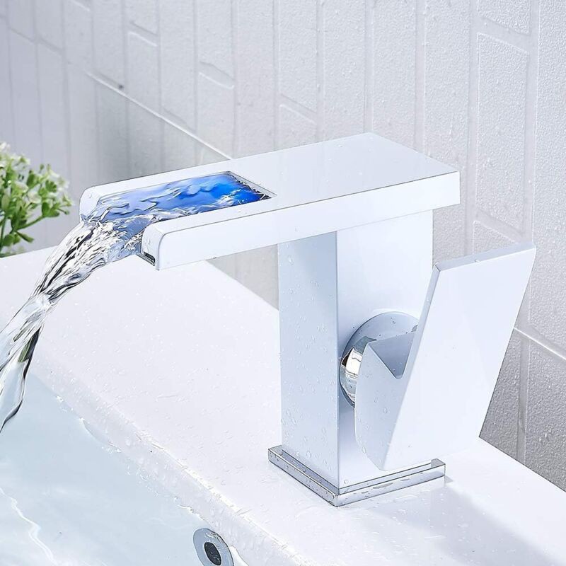Robinet De Salle De Bain Led À Cascade, Robinet Cascade Lumineux, Robinet De Lavabo De Salle De Bain Eau Chaude Et Froide Blanc