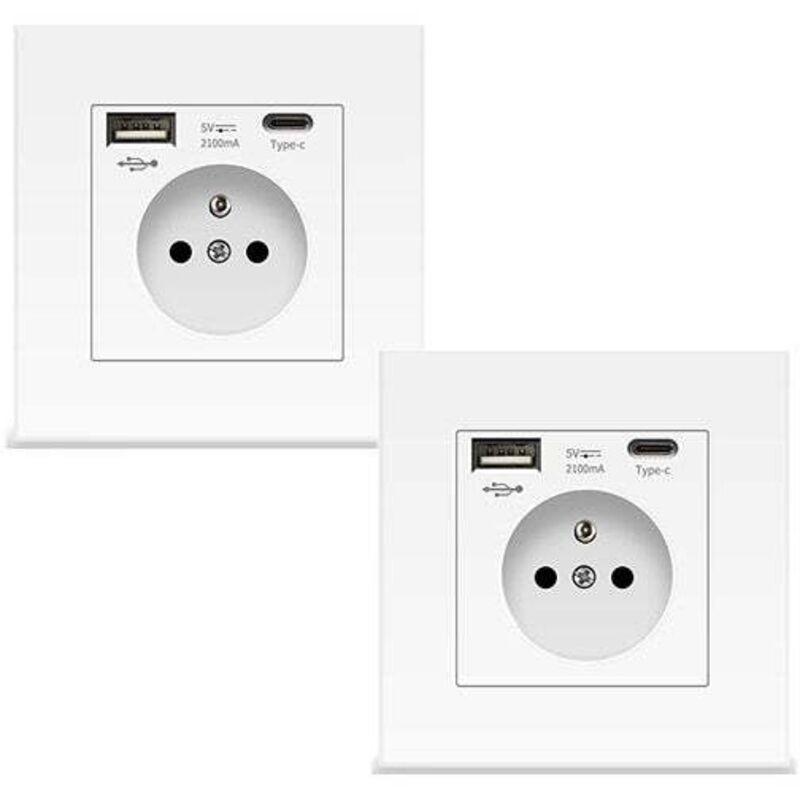 2 Prise Murale Blanche Avec Usb Et Type C, Prise De Courant En Verre, 5v, 2100ma