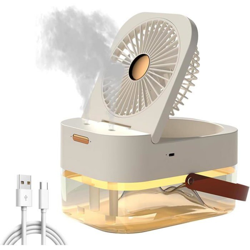 Tischventilator – Usb-ventilator Mit Luftbefeuchter Und Nachtlicht – Usb-ladefunktion – Weiß