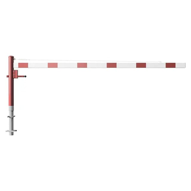 Schake Drehschranke 3,50m + Profilzylinderschloss + Seilzugverstärkung, Drehpfosten: Ø 102mm, rot (RAL 3001) Schrankenarm: Aluminiumrohr 100x50mm, weiß / rot zum Einbetonieren