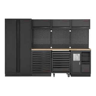Kraftwerk 4-Element-Schrankwand mit Vierkantlochwand Länge 2955 mm Multiplex-Arbeitsplatten