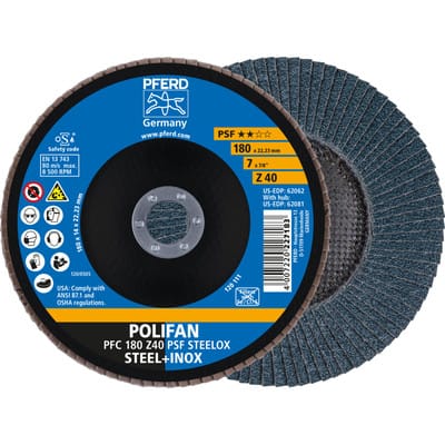 PFERD TOOLS POLIFAN Fächerscheibe PFC 180x22,23 mm konisch Z40 Uni.-Linie PSF STEELOX Stahl/Edelstahl