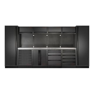 Kraftwerk 6-Element-Schrankwand mit Vierkantlochwand Länge 3920 mm INOX-Arbeitsplatte