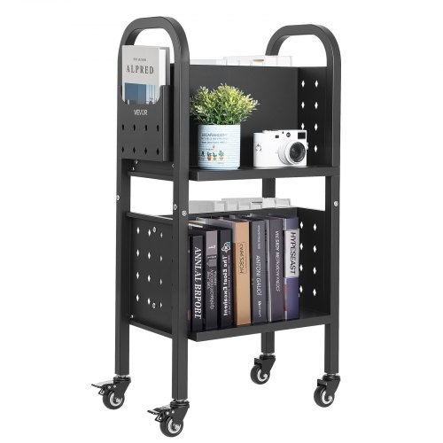 Bücherwagen, 70 Kg Tragkraft, Bibliothekswagen, 45 X 33 X 88 Cm, Doppelseitiges L-förmiges Bücherregal Mit Doppelbremsrollen, Bücherregalwagen Für Wohnzimmer, Büro, Schule, Schwarz
