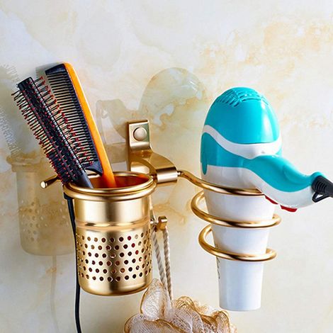 Haartrocknerhalterung Mit Wandbecher, Wandmontierte Haartrocknerhalterung Aus Aluminium, Wandmontierte Handyhalterung Mit Befestigungsschrauben Für Badezimmer, Dusche, Friseursalon (gold)