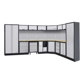 Kraftwerk 8-Element-Schrankwand mit Vierkantlochwand Länge 3819 mm 2824 mm Multiplex-Arbeitsplatten