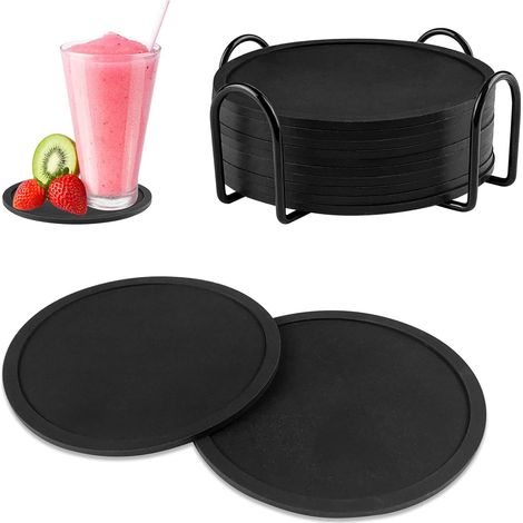 12-teiliges Set Silikon-untersetzer Mit Halter, Schwarze Tischuntersetzer Mit Rillen, Runde Untersetzer In Tellerform Für Kaffee- Oder Bierbecher, Teetassen, Getränke, Pflanzen Und Bars
